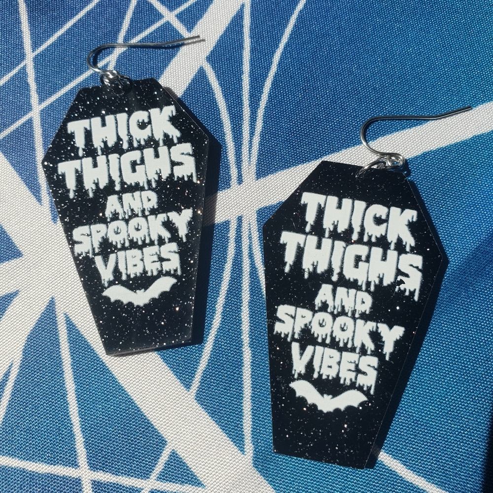 🦇 Thick Thighs and Spooky Vibes earrings - Picture 2 of 5